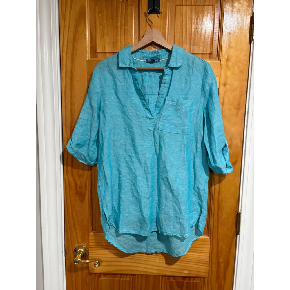 Fleur Bleue Teal Linen Blend Tunic Top Roll Tab Sleeve Size S
